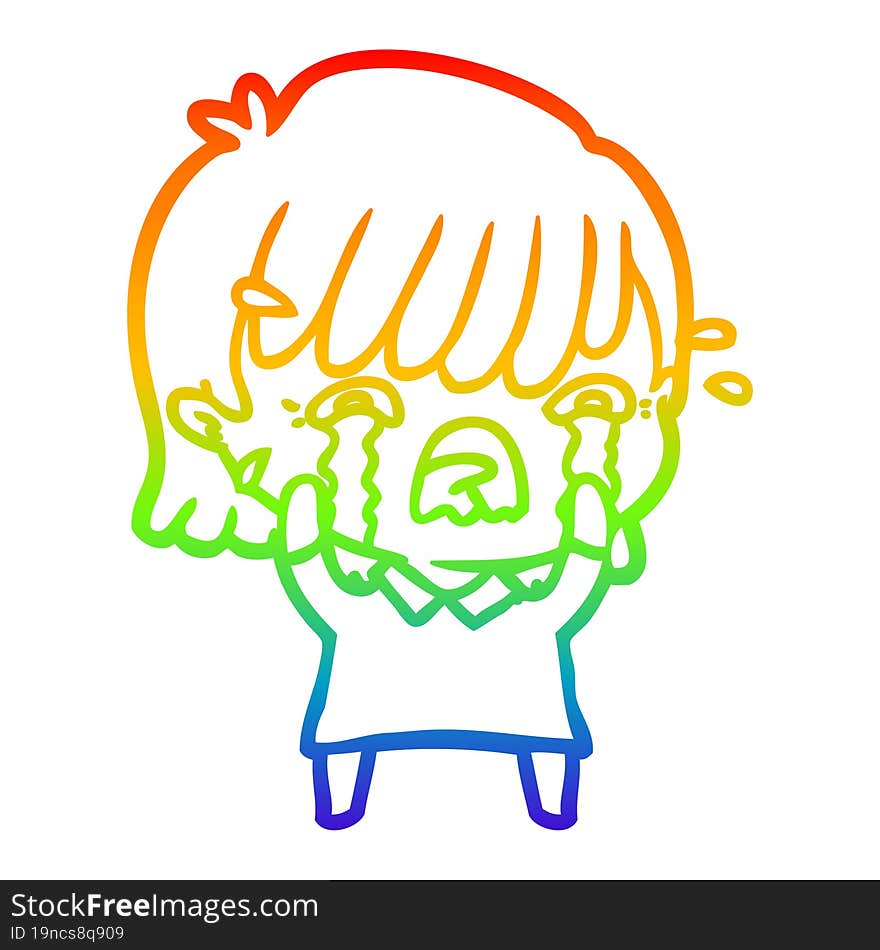 rainbow gradient line drawing of a cartoon girl crying