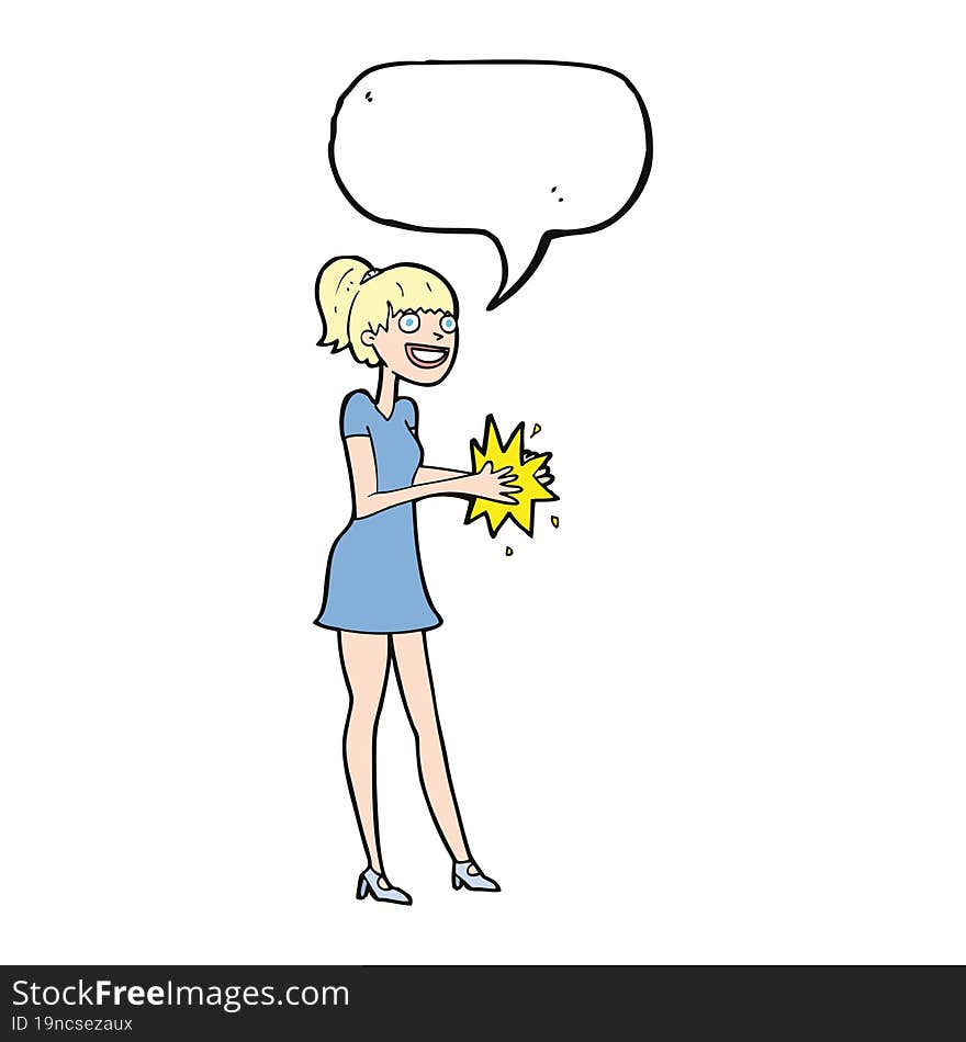 Cartoon Woman Clapping Hands With Speech Bubble