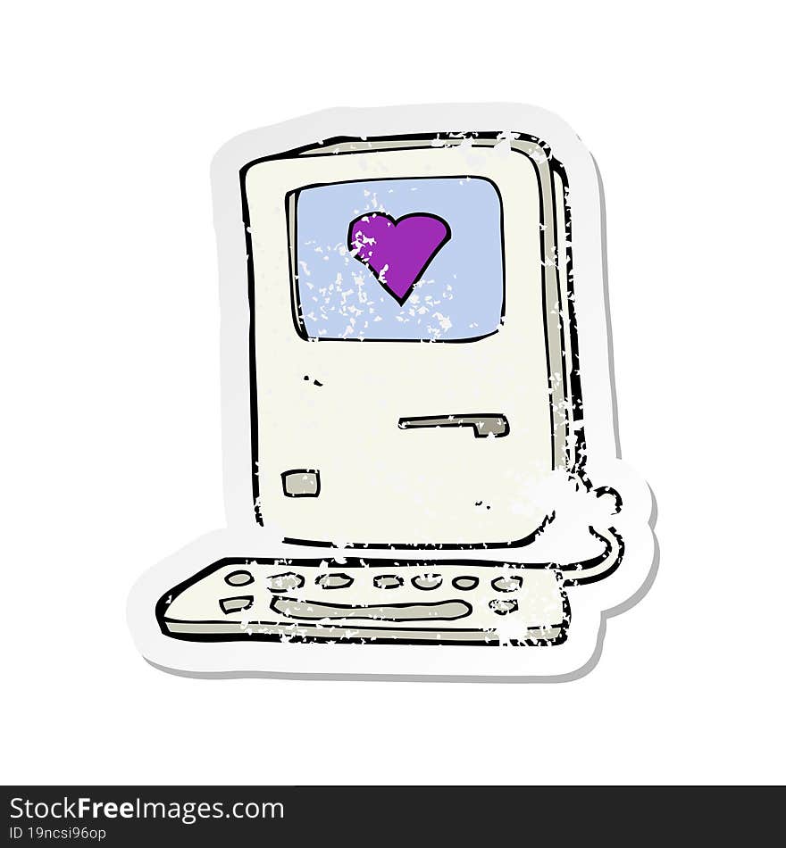 Retro Distressed Sticker Of A Cartoon Computer With Love Heart