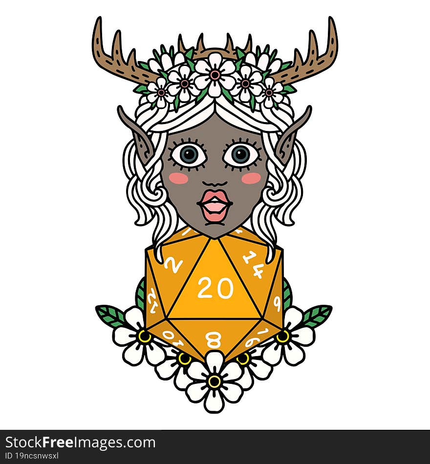 Elf Druid Character With Nautral Twenty Dice Roll Illustration