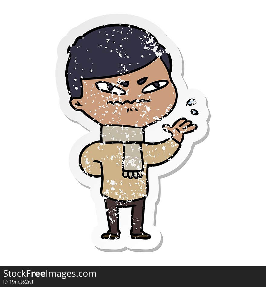 distressed sticker of a cartoon angry man