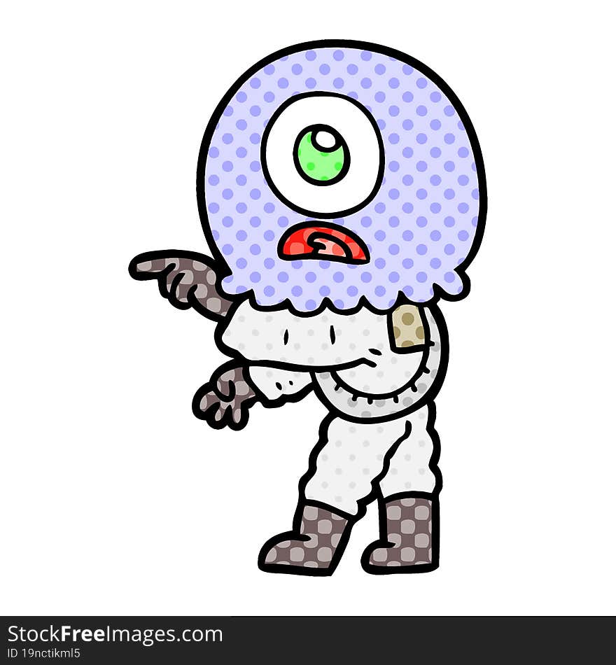 cartoon cyclops alien spaceman pointing. cartoon cyclops alien spaceman pointing