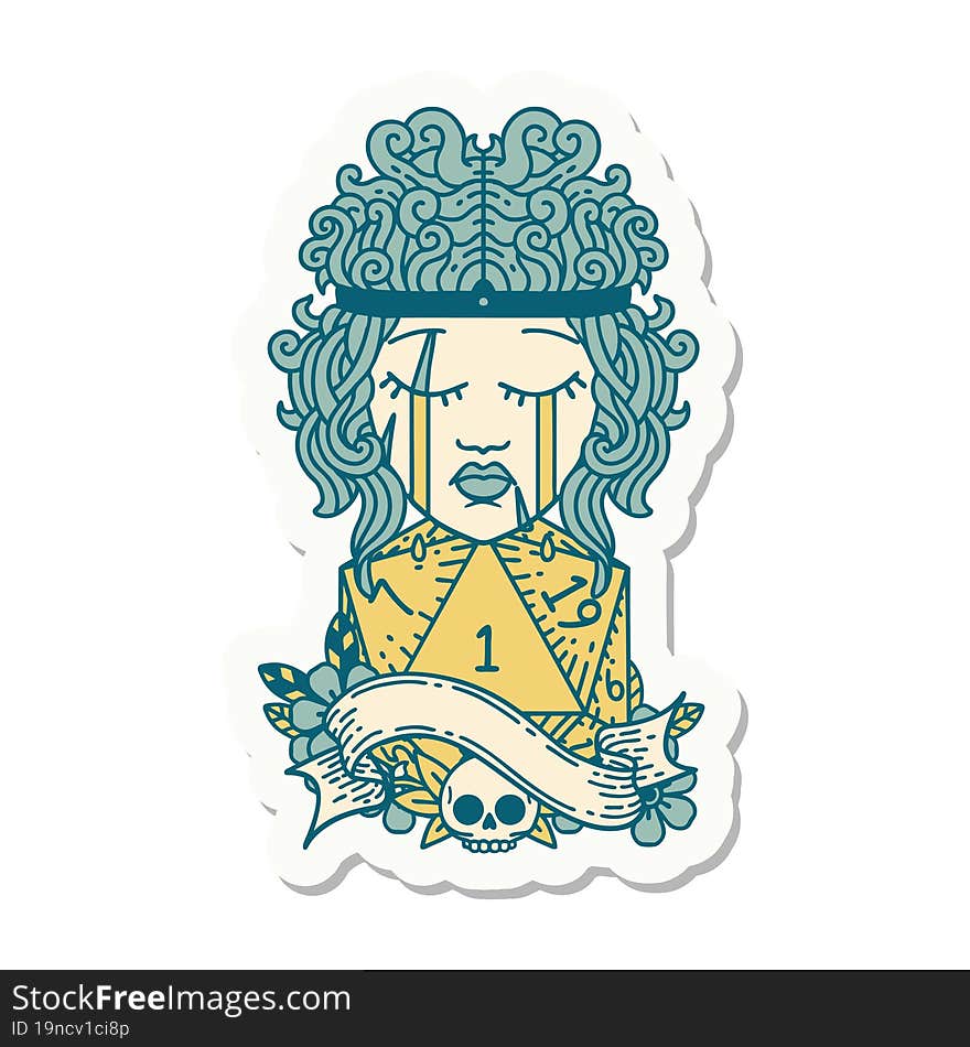 sticker of a crying human barbarian with natural one d20 roll. sticker of a crying human barbarian with natural one d20 roll