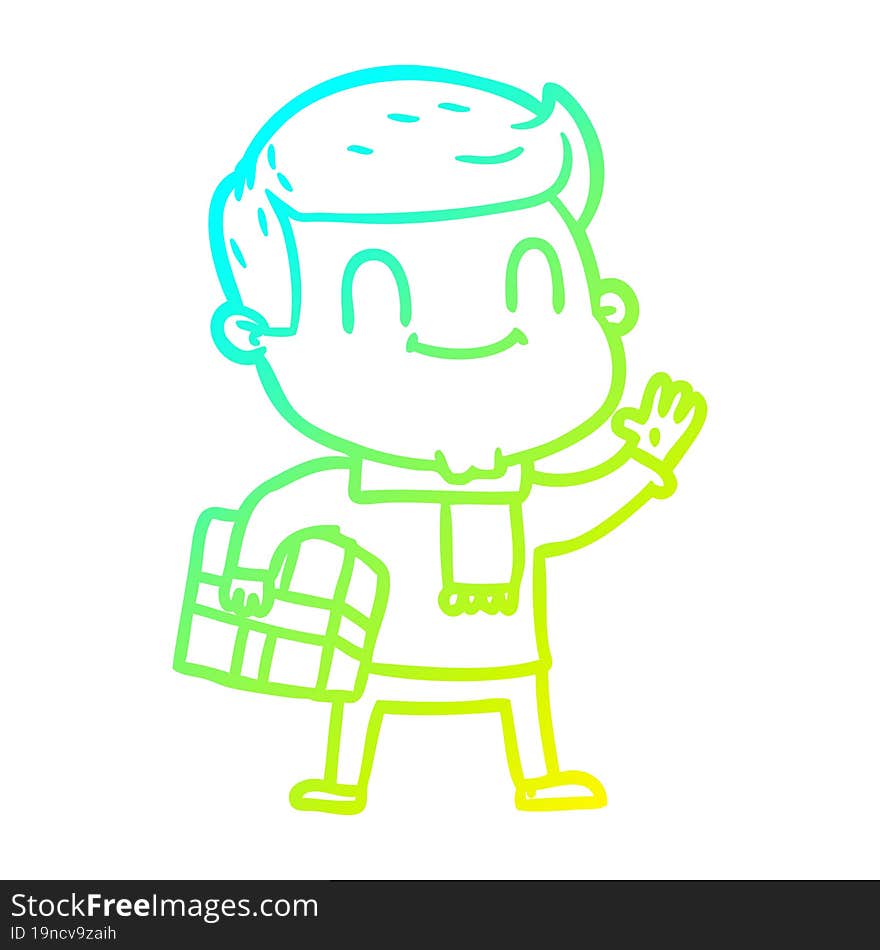 cold gradient line drawing of a cartoon friendly man with xmas gift