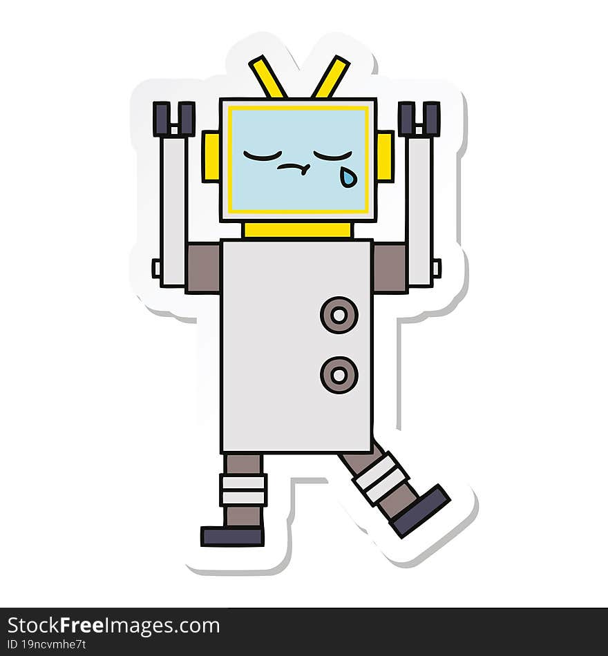 sticker of a cute cartoon crying robot