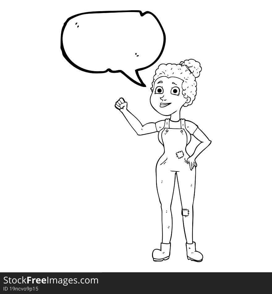 speech bubble cartoon woman in dungarees