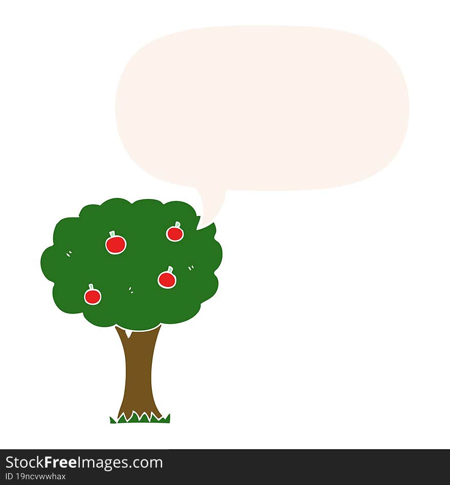 cartoon apple tree and speech bubble in retro style