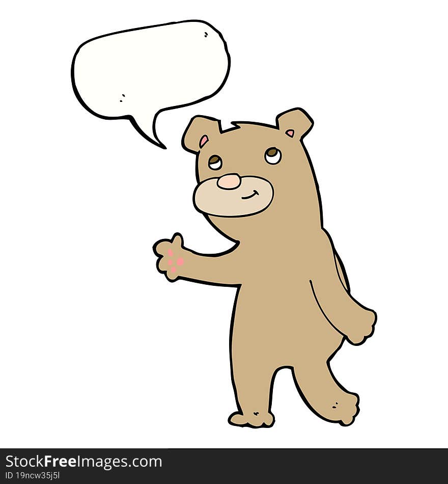 cartoon happy waving bear with speech bubble