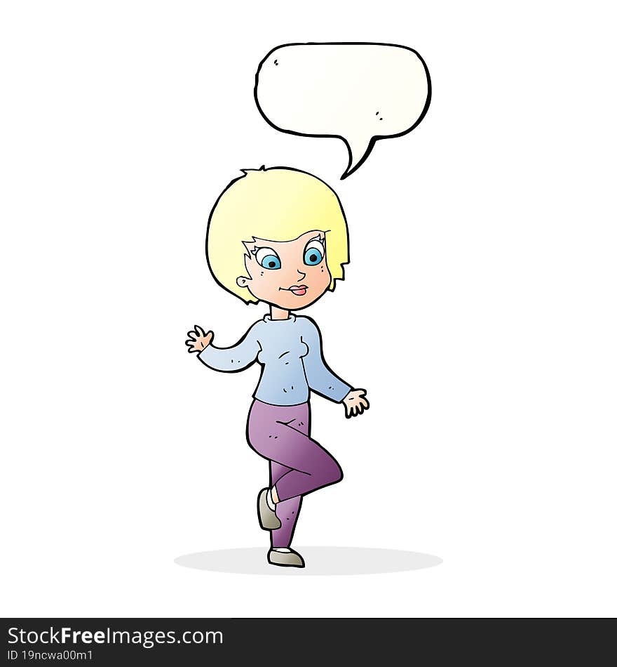 cartoon woman waving with speech bubble