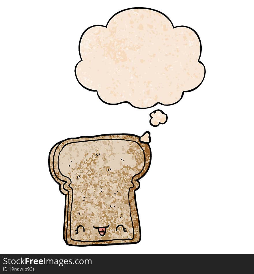 cute cartoon slice of bread with thought bubble in grunge texture style. cute cartoon slice of bread with thought bubble in grunge texture style