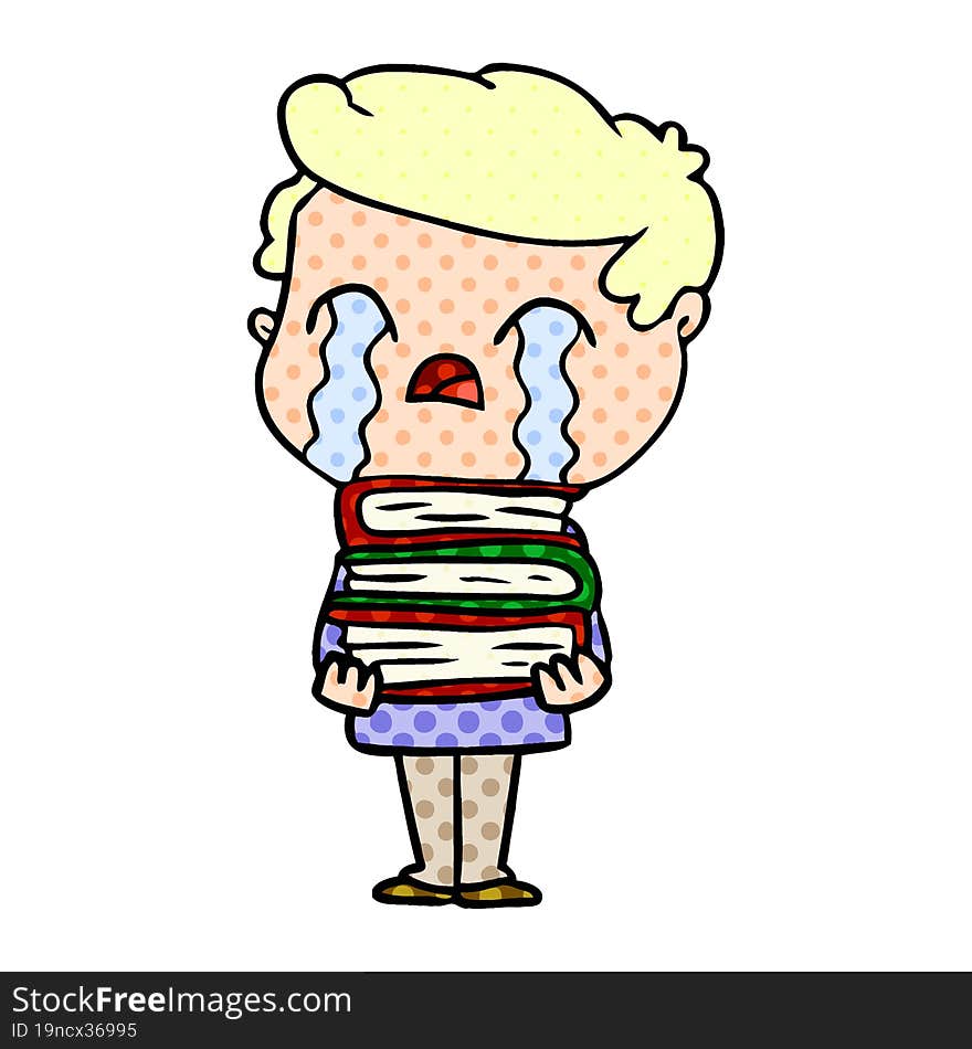 cartoon man crying over stack of books. cartoon man crying over stack of books