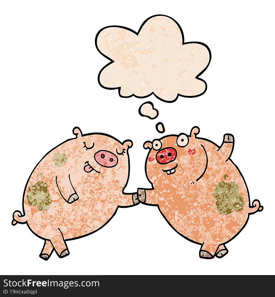 cartoon pigs dancing and thought bubble in grunge texture pattern style