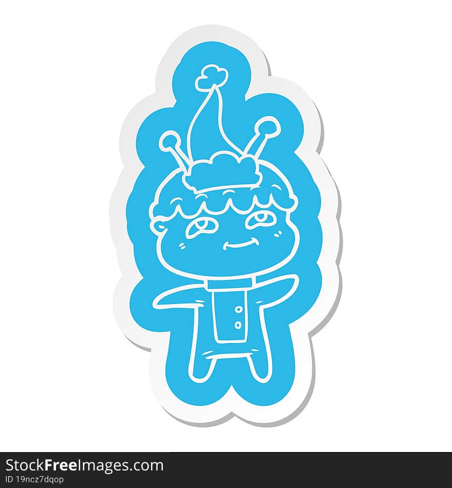 Friendly Cartoon  Sticker Of A Spaceman Wearing Santa Hat