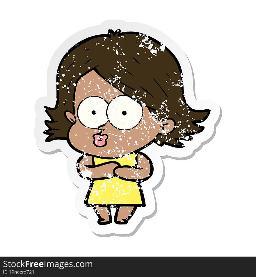 distressed sticker of a cartoon girl pouting