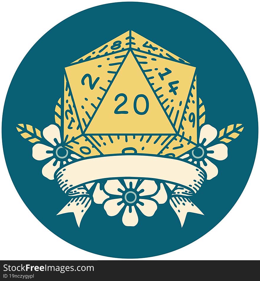 Retro Tattoo Style natural 20 critical hit D20 dice roll. Retro Tattoo Style natural 20 critical hit D20 dice roll