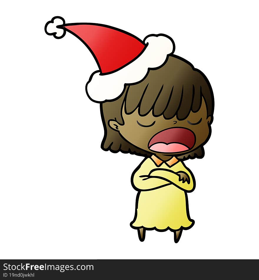 gradient cartoon of a woman talking loudly wearing santa hat