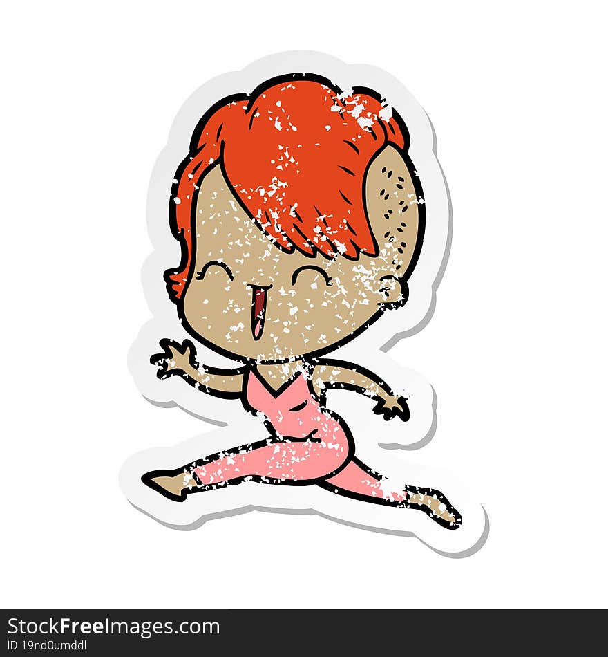 Distressed Sticker Of A Cartoon Happy Hipster Girl