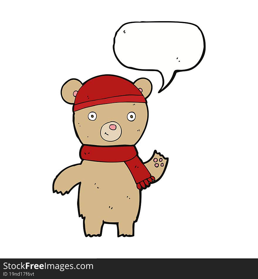 cartoon waving teddy bear with speech bubble