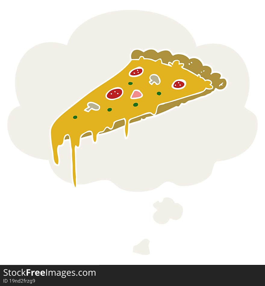 cartoon pizza slice and thought bubble in retro style