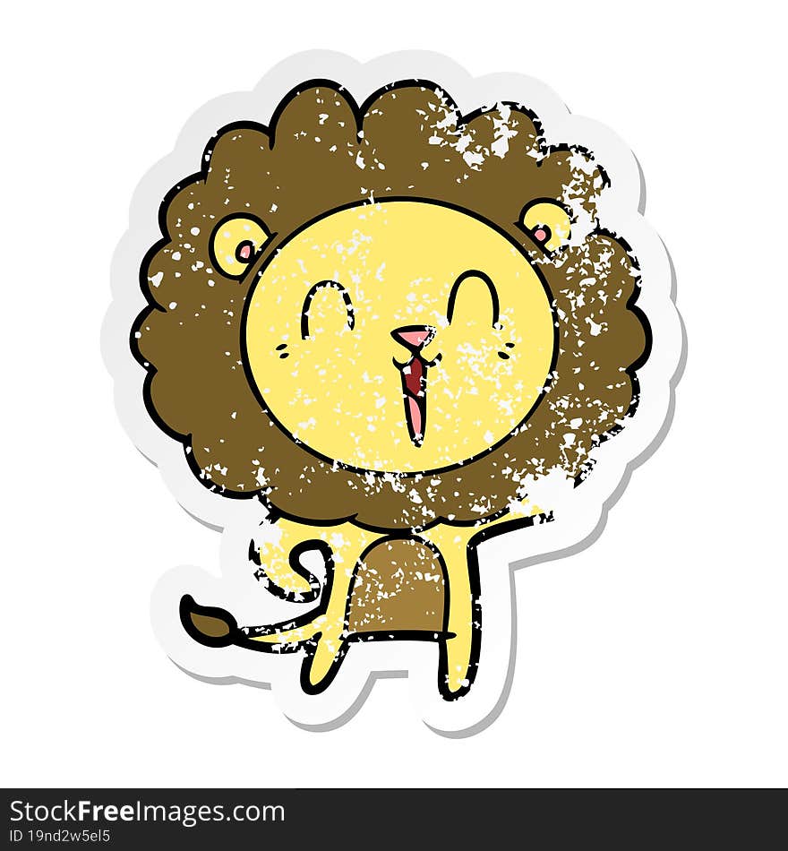 distressed sticker of a laughing lion cartoon