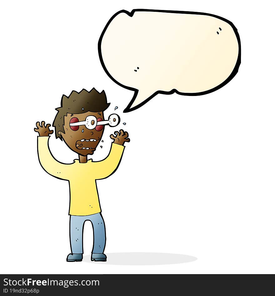 cartoon terrified man with speech bubble