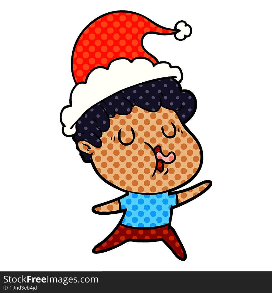 comic book style illustration of a man singing wearing santa hat