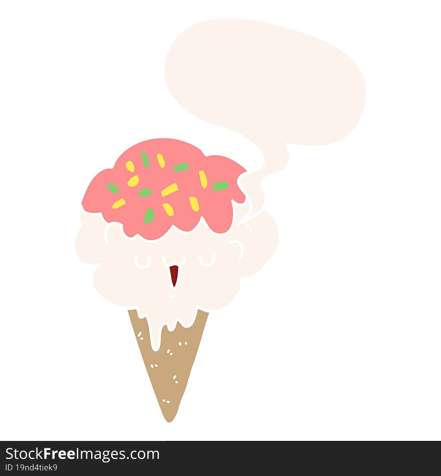 cartoon ice cream and speech bubble in retro style