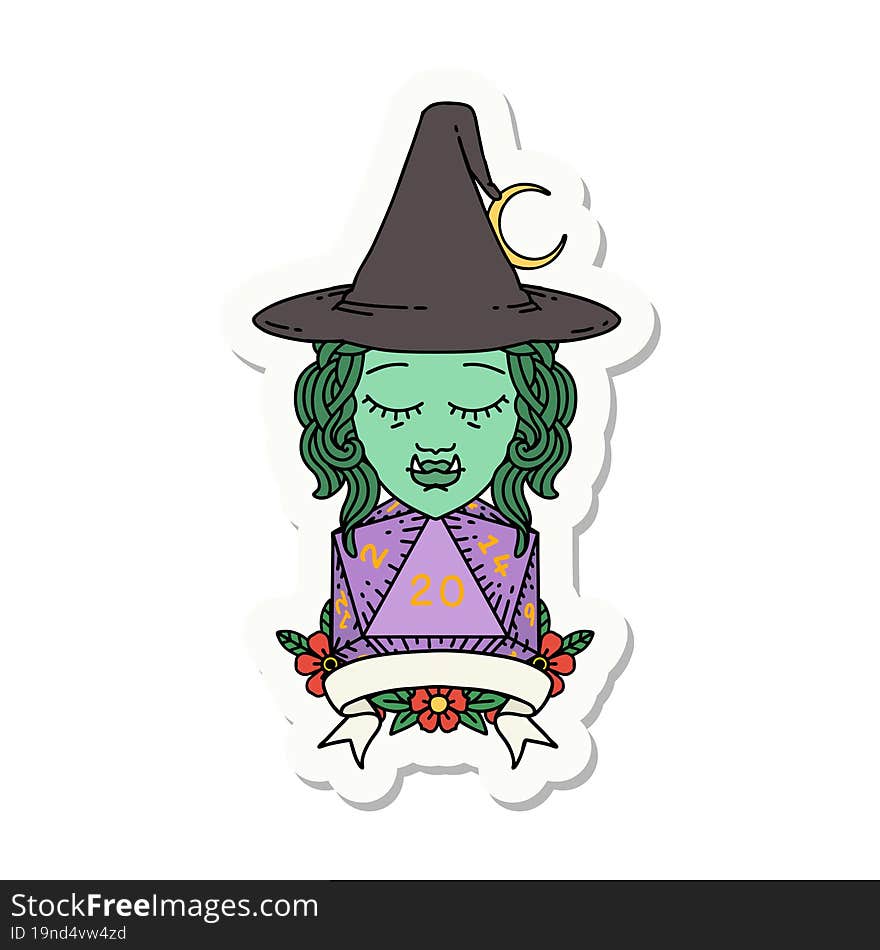 sticker of a half orc witch character with natural 20 dice roll. sticker of a half orc witch character with natural 20 dice roll