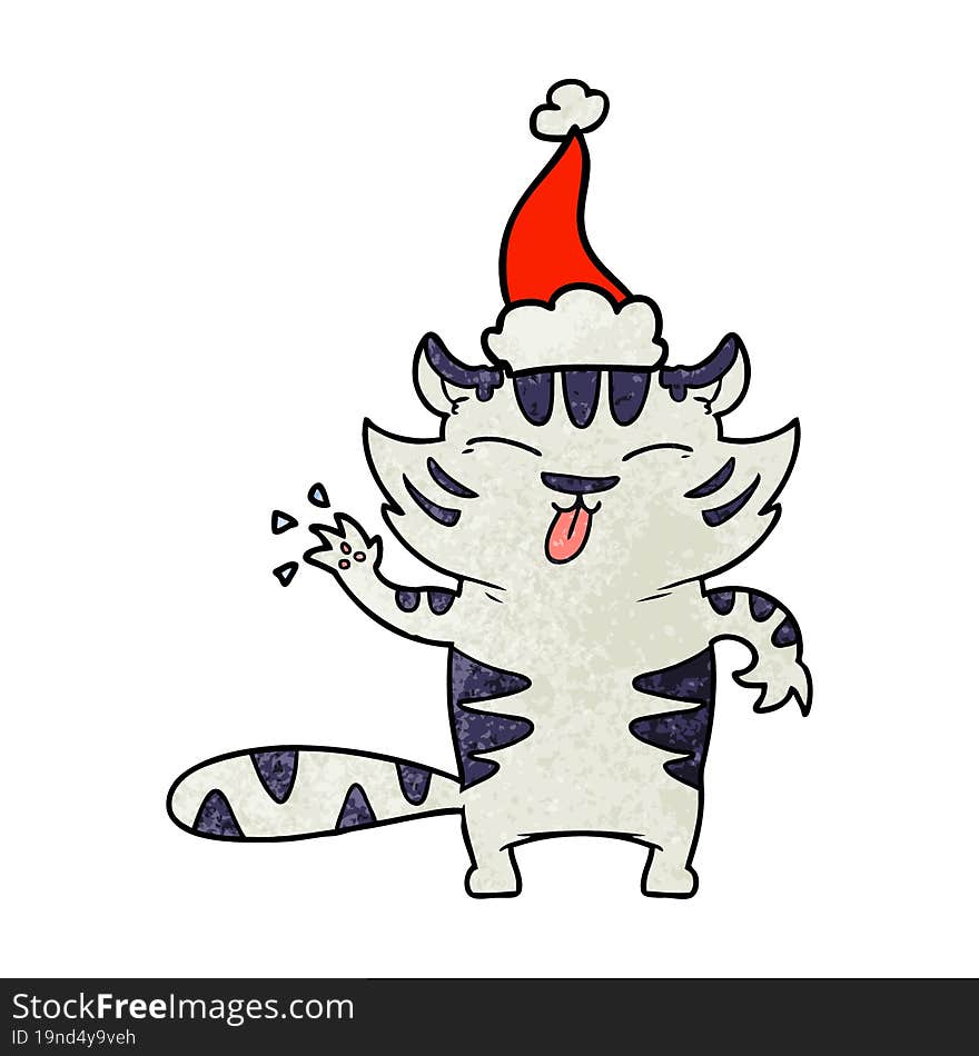 hand drawn textured cartoon of a white tiger wearing santa hat