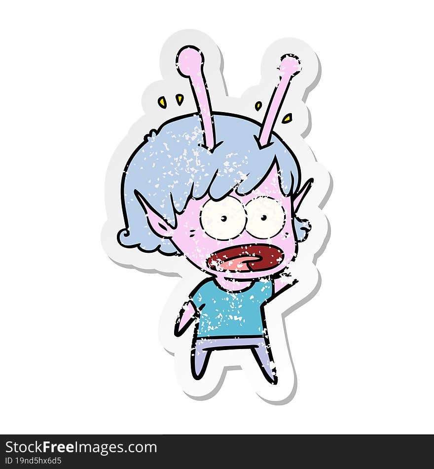 Distressed Sticker Of A Cartoon Shocked Alien Girl