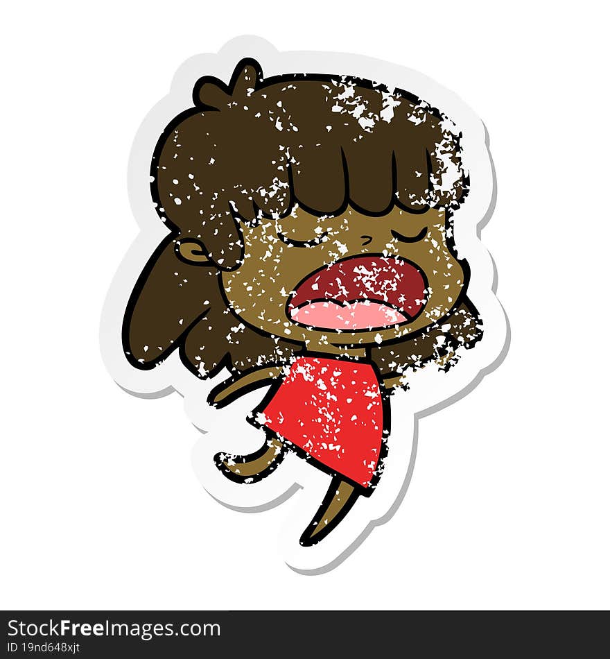 distressed sticker of a cartoon woman talking loudly