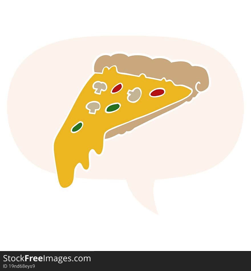 Cartoon Pizza Slice And Speech Bubble In Retro Style