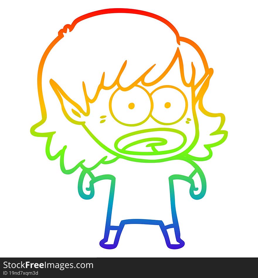 Rainbow Gradient Line Drawing Cartoon Shocked Elf Girl