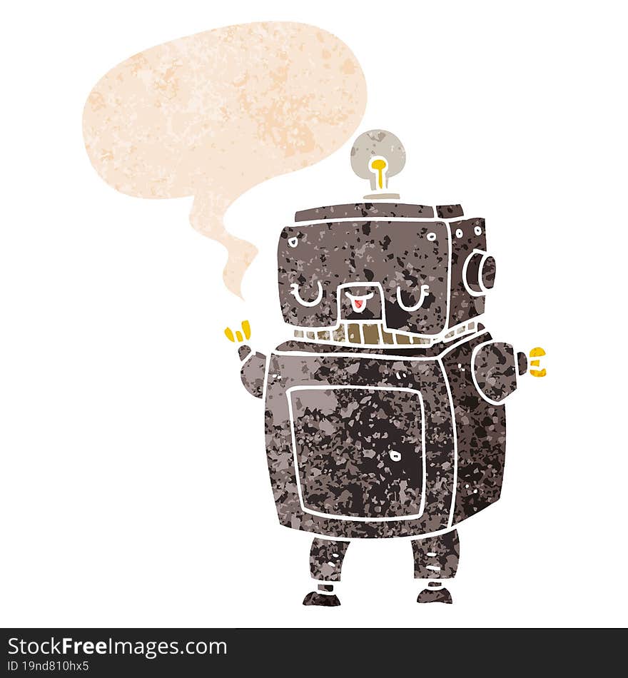 cartoon robot and speech bubble in retro textured style