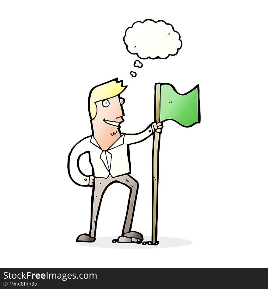 cartoon man planting flag with thought bubble