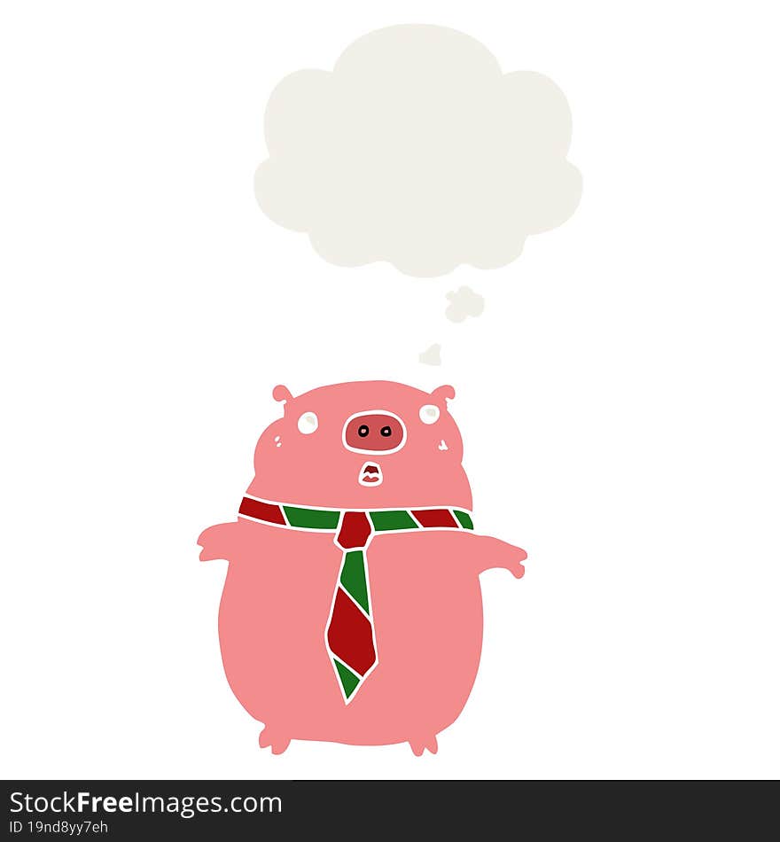 cartoon pig wearing office tie and thought bubble in retro style