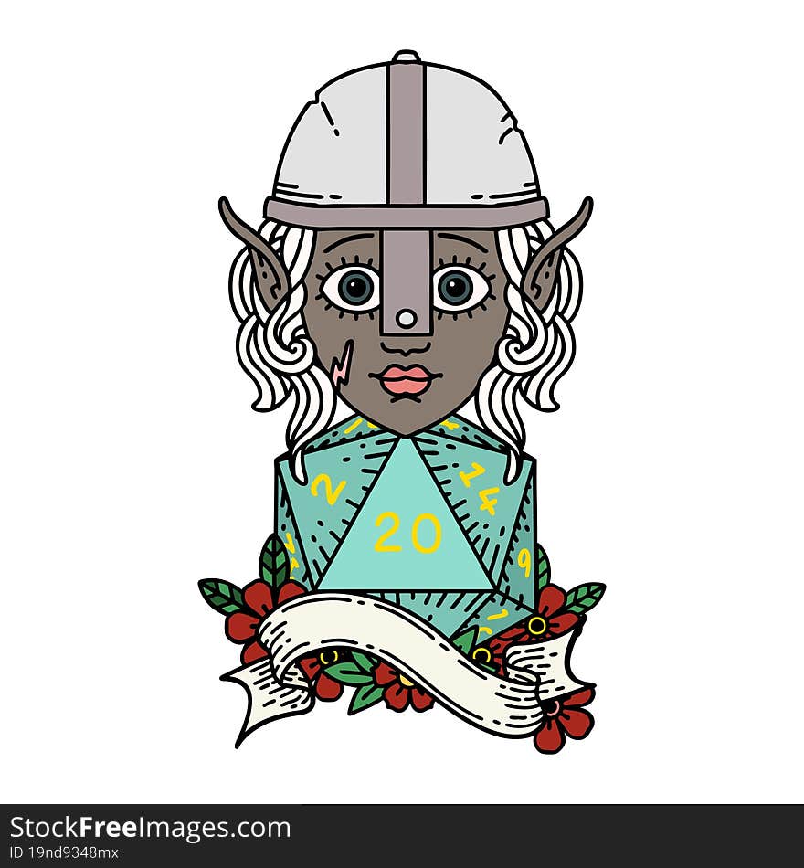 elf fighter character with natural twenty dice roll illustration