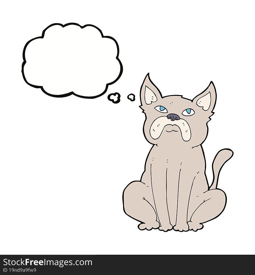 cartoon grumpy little dog with thought bubble