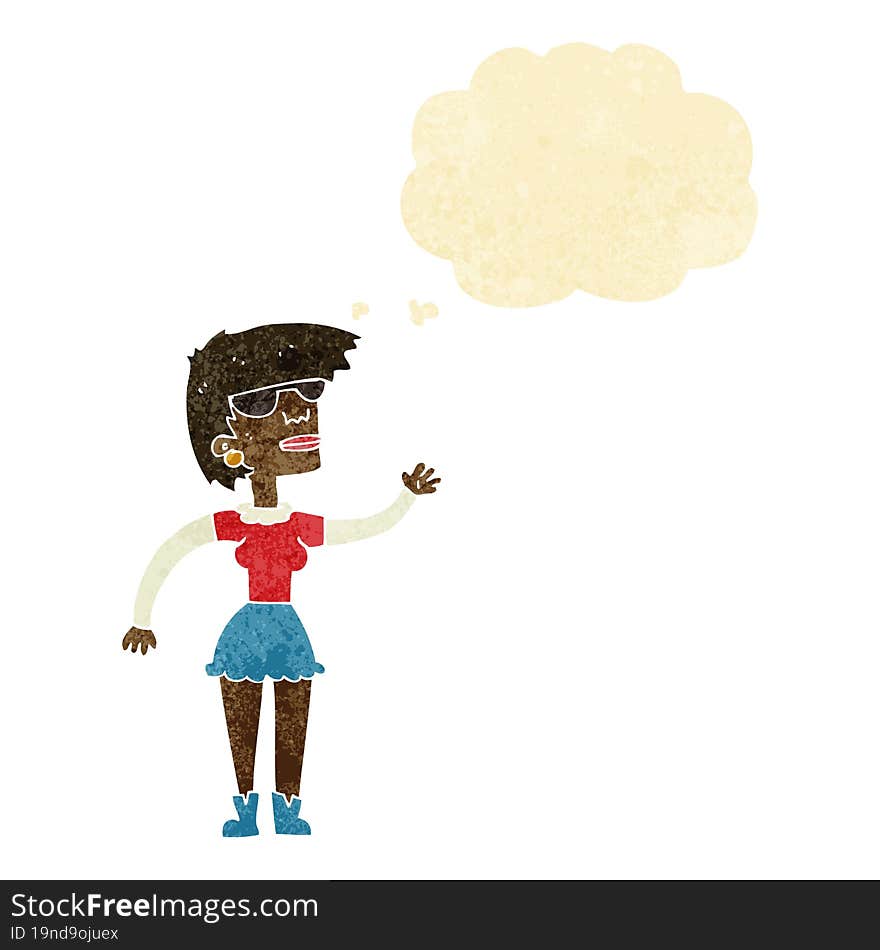 cartoon woman in spectacles waving with thought bubble