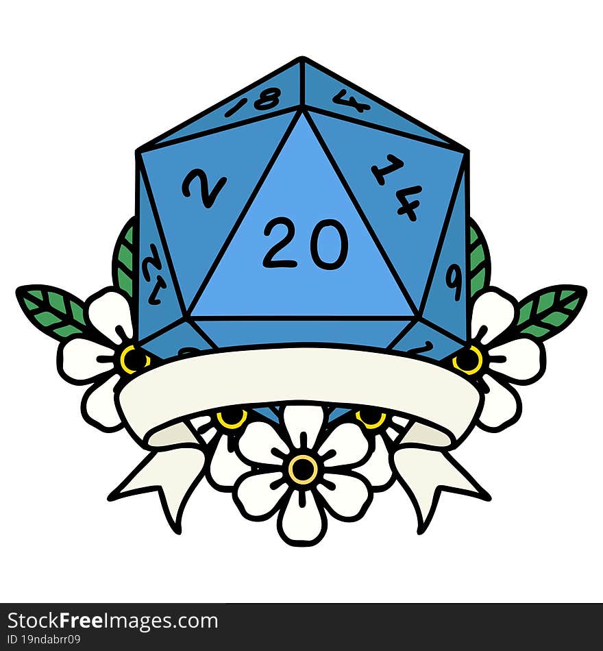 Retro Tattoo Style natural 20 critical hit D20 dice roll. Retro Tattoo Style natural 20 critical hit D20 dice roll