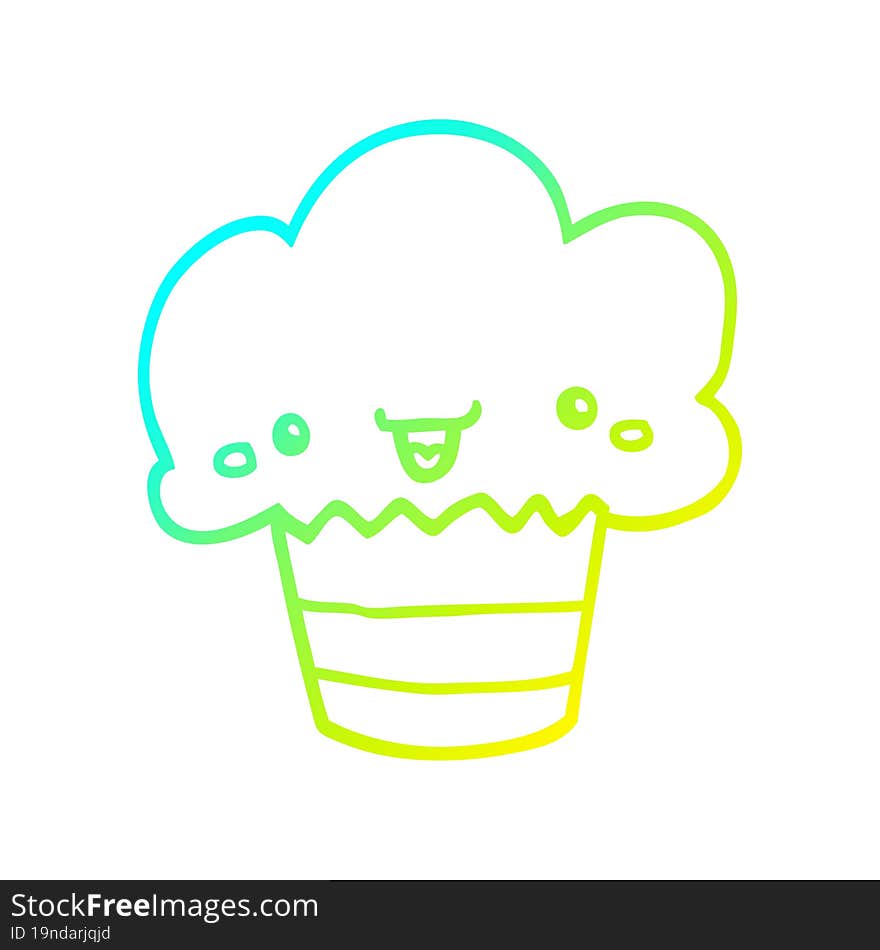 Cold Gradient Line Drawing Cartoon Cupcake With Face