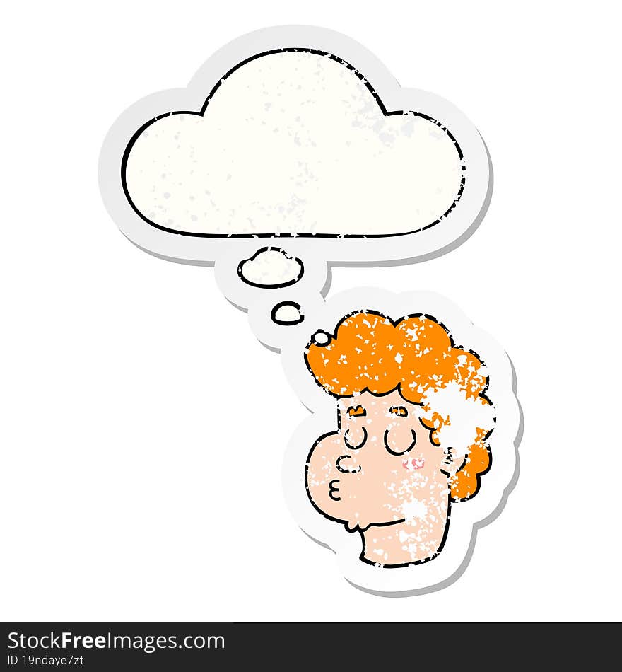 cartoon male face with thought bubble as a distressed worn sticker