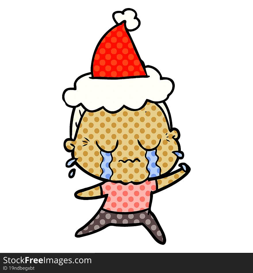 hand drawn comic book style illustration of a crying old lady wearing santa hat