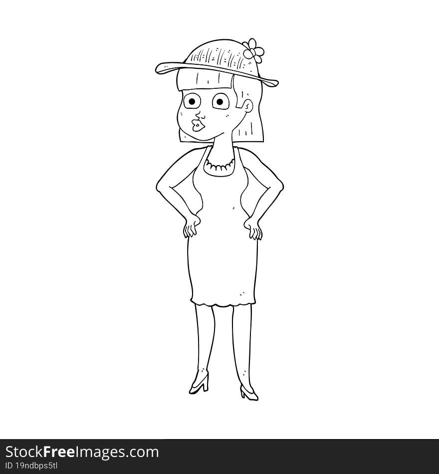 Black And White Cartoon Woman Wearing Sun Hat