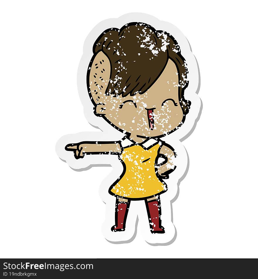 Distressed Sticker Of A Cartoon Happy Hipster Girl