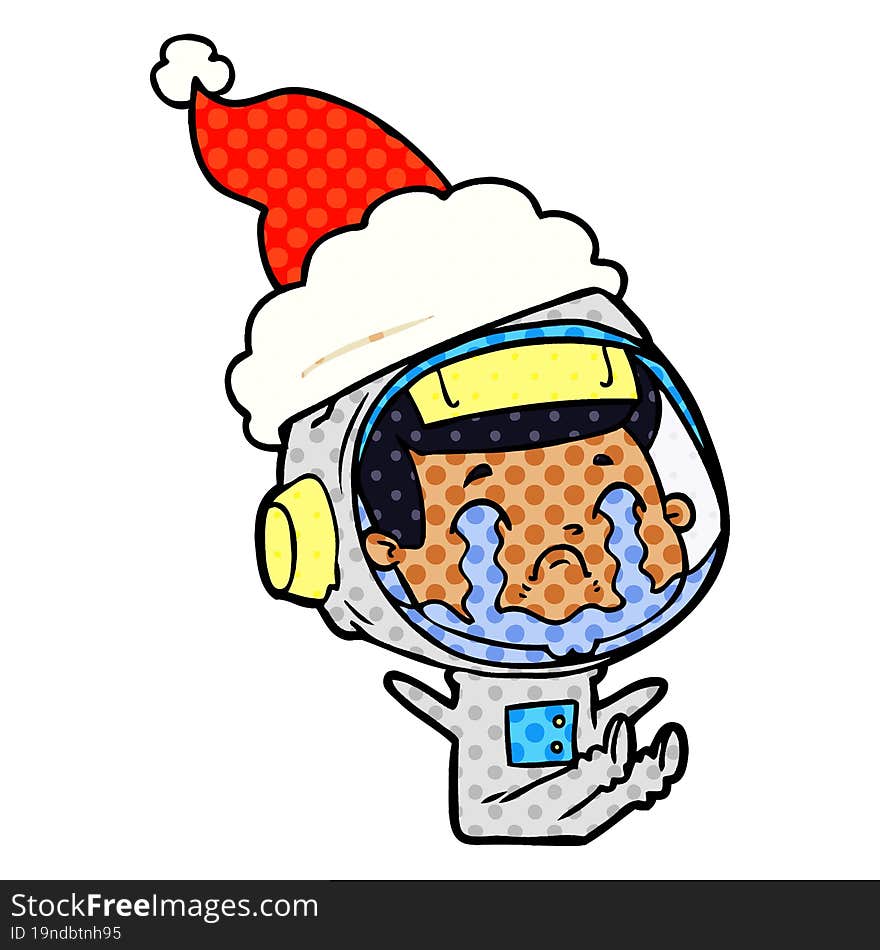 Comic Book Style Illustration Of A Crying Astronaut Wearing Santa Hat