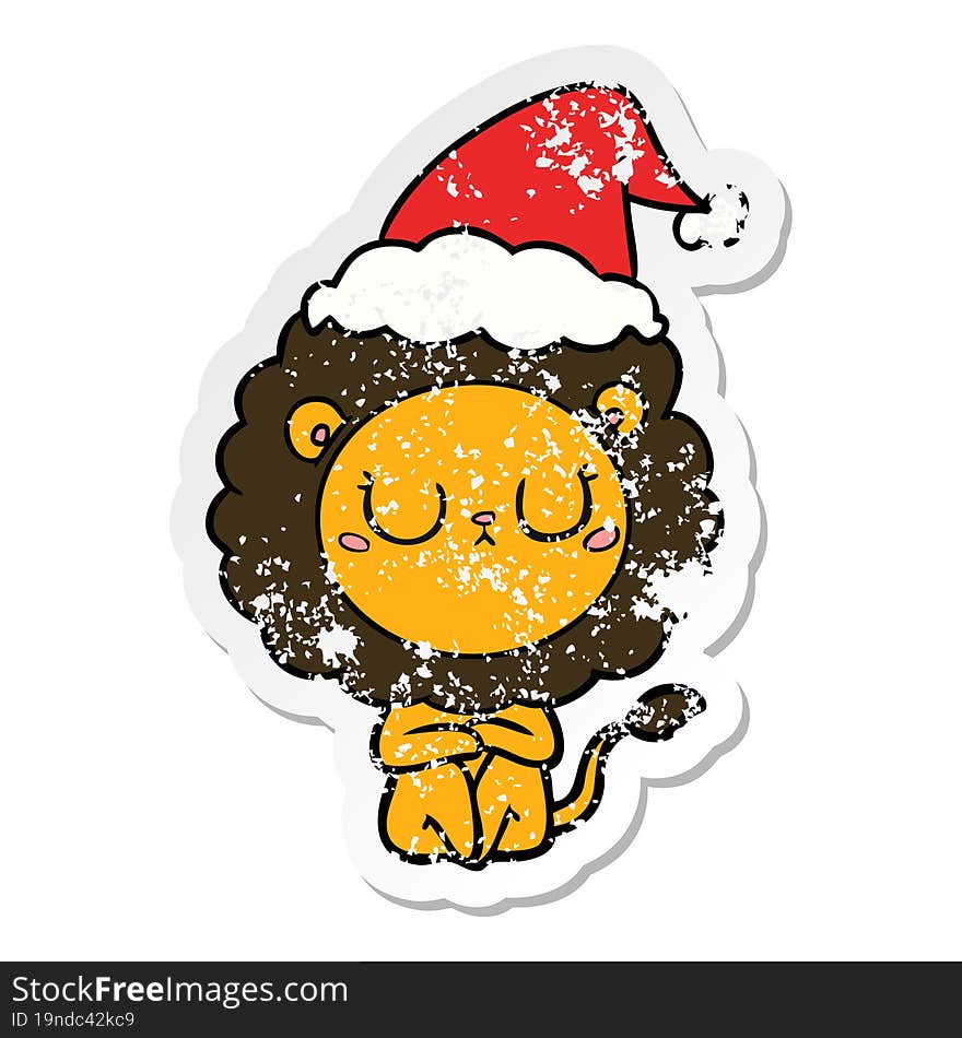 hand drawn distressed sticker cartoon of a lion wearing santa hat