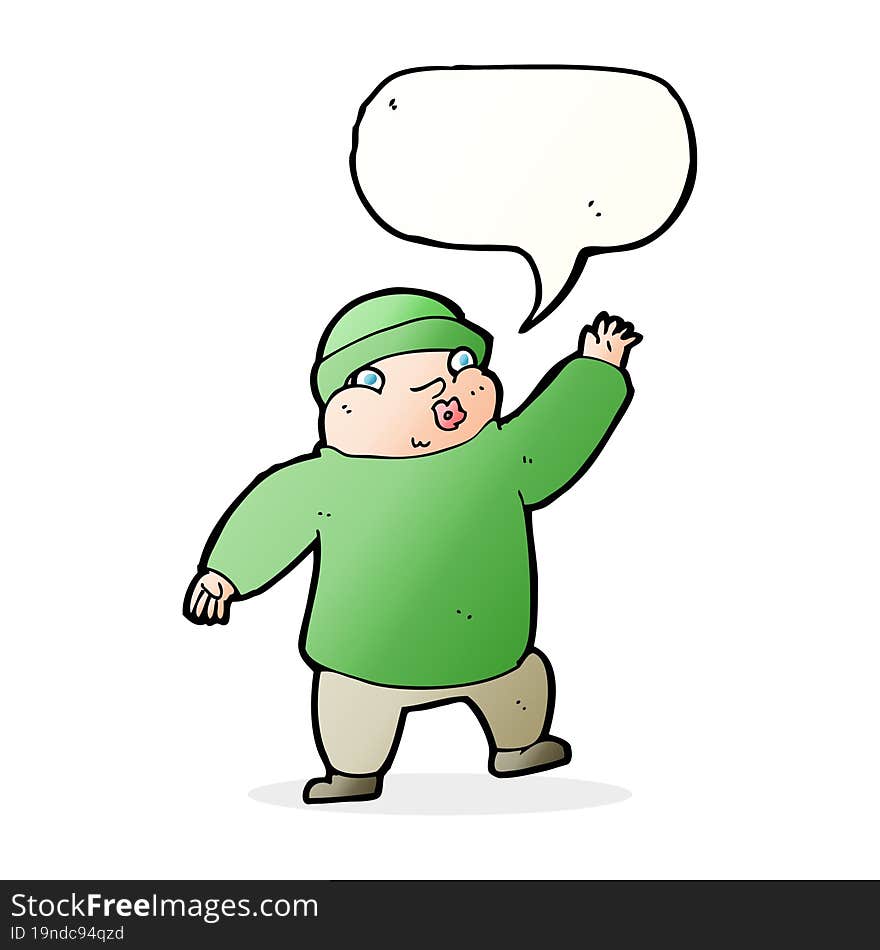 cartoon man in hat waving with speech bubble