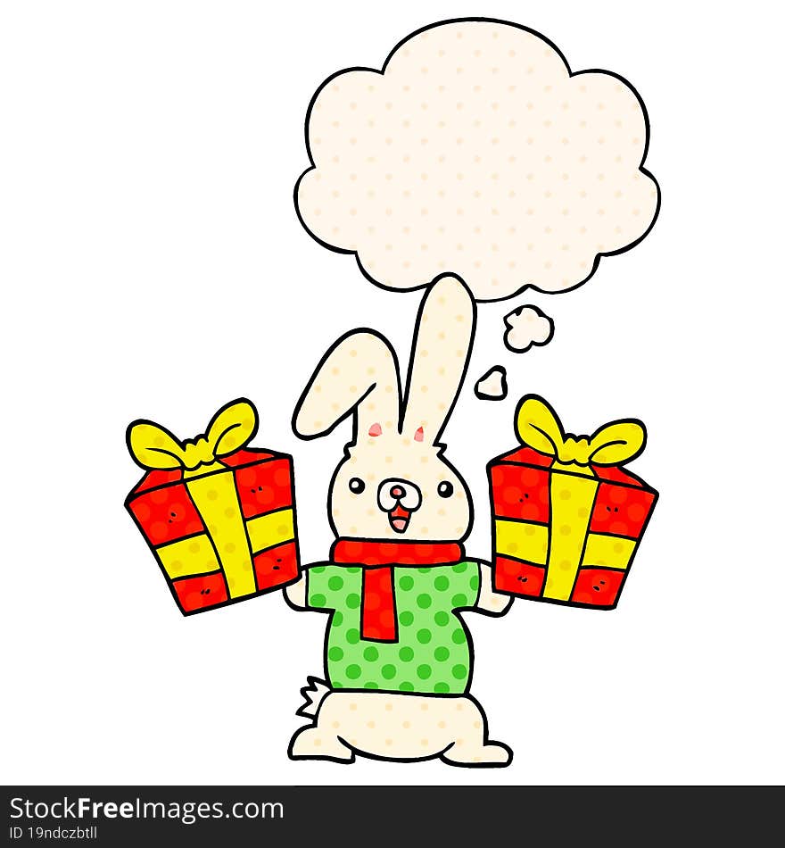 cartoon rabbit with christmas presents and thought bubble in comic book style