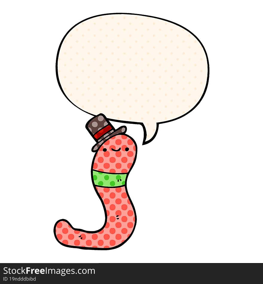 cute cartoon worm and speech bubble in comic book style